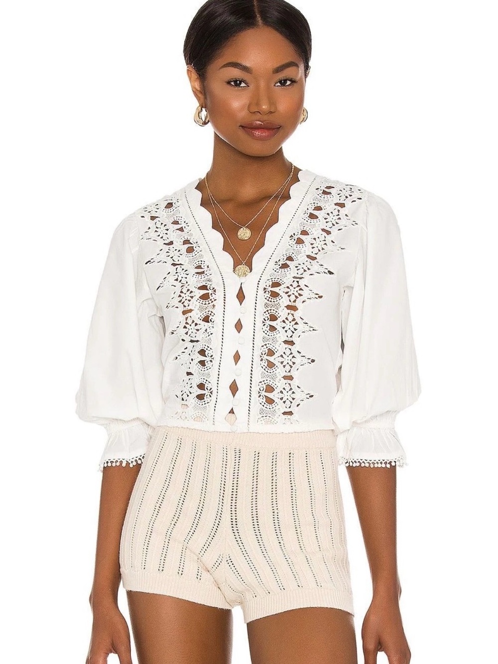 Free People White Lace-Trim V-Neck Peasant Blouse